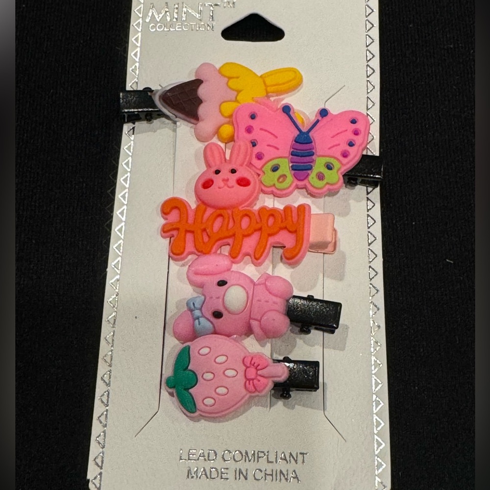 Girls Set of 5 Hair Clips in Pink Butterfly Happy